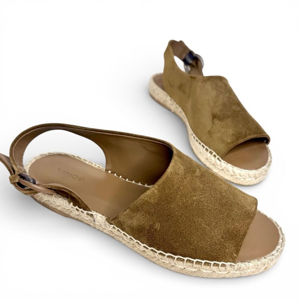 VINCE Linton Sandals Olive Green Suede Espadrilles Slingback Leather Flats 9.5”